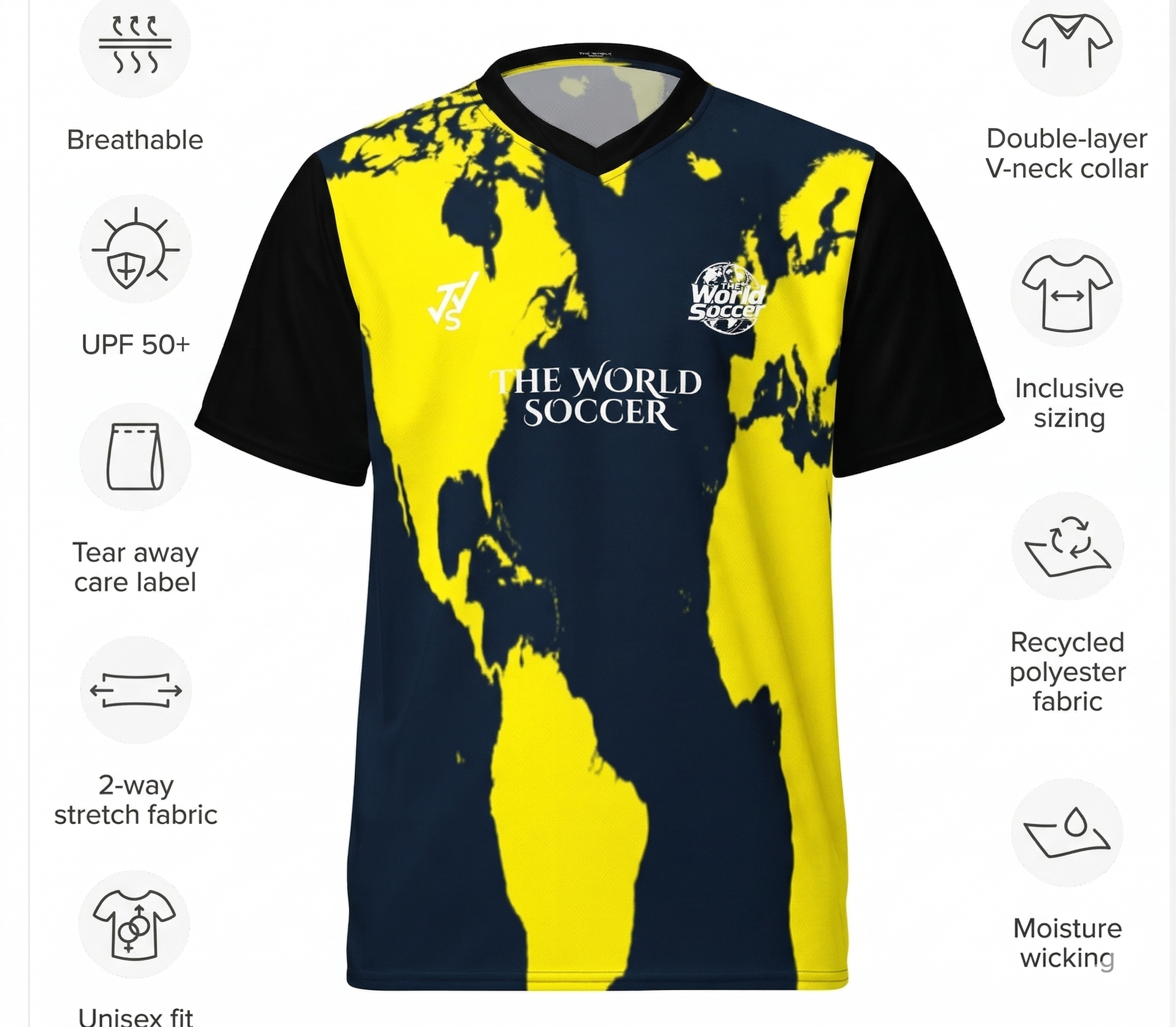 The World Soccer Official Jersey — Navy & Yellow Front View with Specs